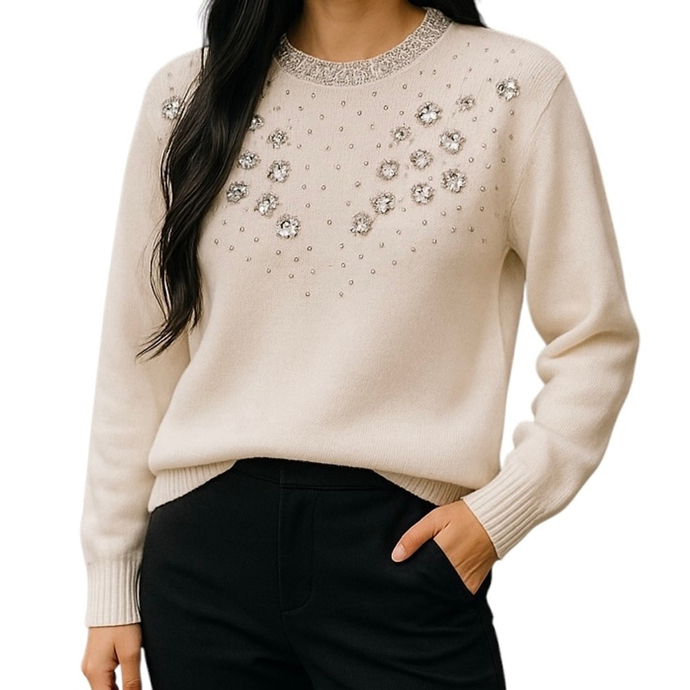 Vintage Braemar Jeremy Scott Ivory Pearl Sequin Beaded Knit Sweater Size MEDIUM